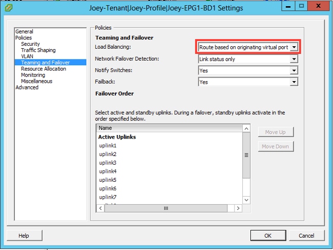 VMM domain integration with ACI and UCS B Series - Select ‘Route based on originating virtual port’