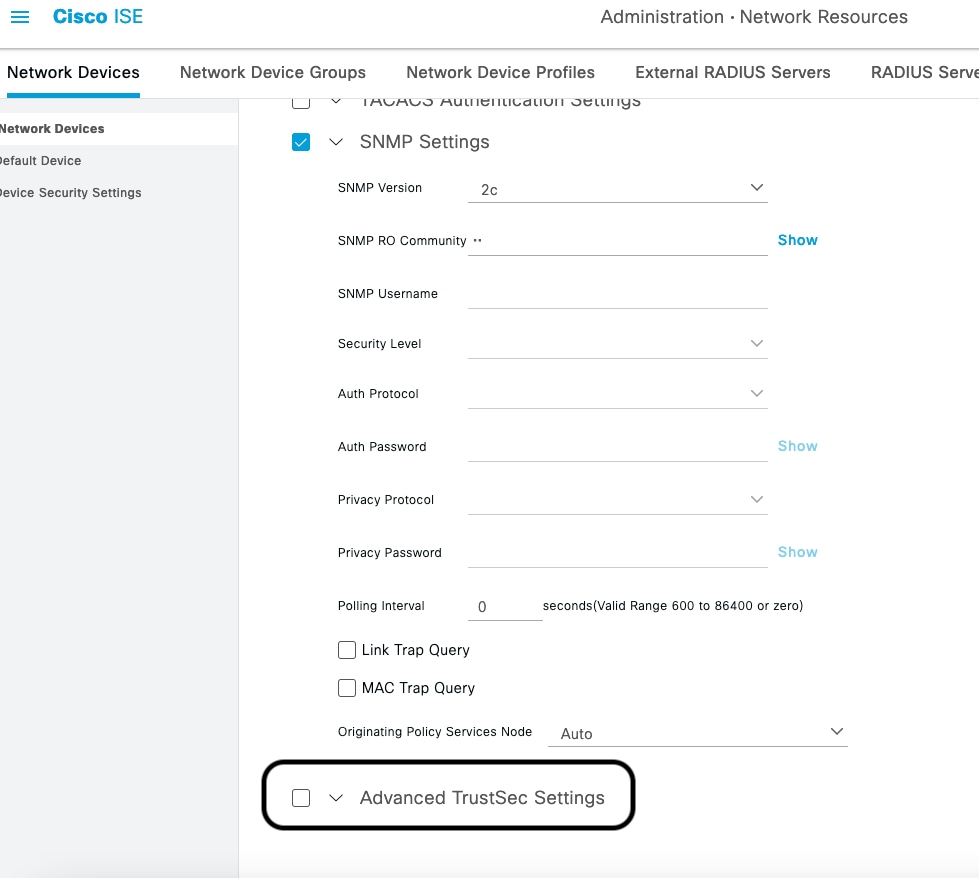 このNADエントリではTrustSecの詳細設定が無効になっています