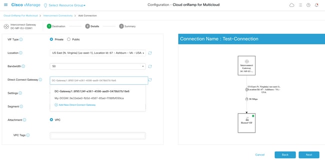 Megaport Interconnect Connection Step via vManage Workflow