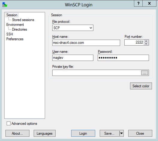 Cómo utilizar WinSCP para extraer RCA de Catalyst Center: elija SCP como protocolo de archivo y elija el número de puerto 2222