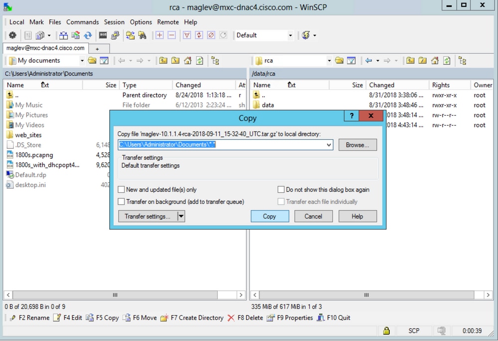 Como usar WinSCP para extrair RCA do Catalyst Center - Copie o arquivo RCA para seu computador local