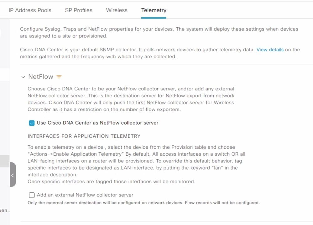 Configurações do coletor Netflow do Cisco DNA Center