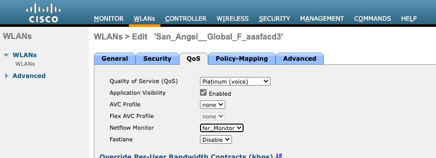 WLC GUI Netflow Config Quality of Service 옵션