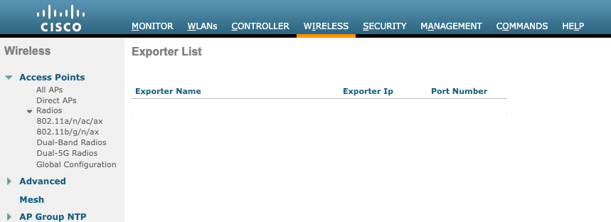 Lista de exportadores de configuração de Netflow da GUI da WLC vazia
