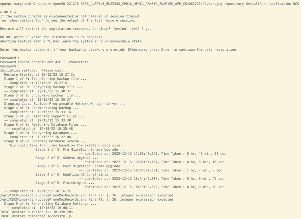 Fig 4.1 - EPNM 5.x backup restoration completed in new EPNM 6.0 server