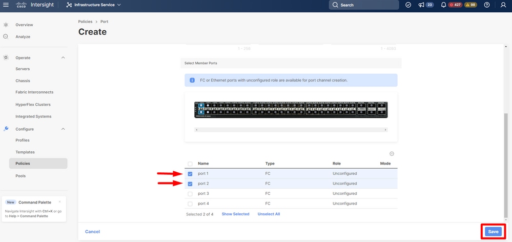 Select the port(s) connected to the MDS