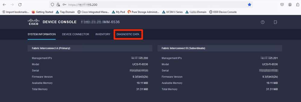 Page de renvoi de la console de périphérique/données de diagnostic