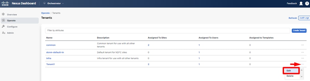 Editar propriedades do locatário para remover sites