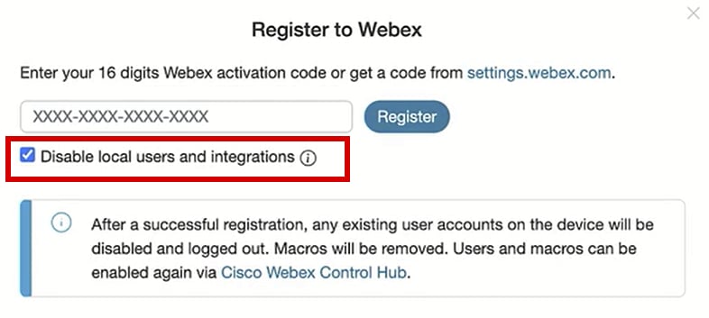 Registre-se no pop-up do Webex a partir da GUI do endpoint