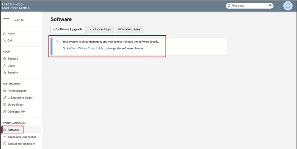 Sezione Software controlli dispositivo locale per un endpoint registrato nel cloud