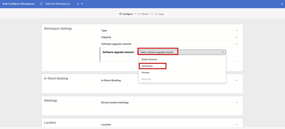 Sección Asistente para configuración masiva de espacios de trabajo: Configurar