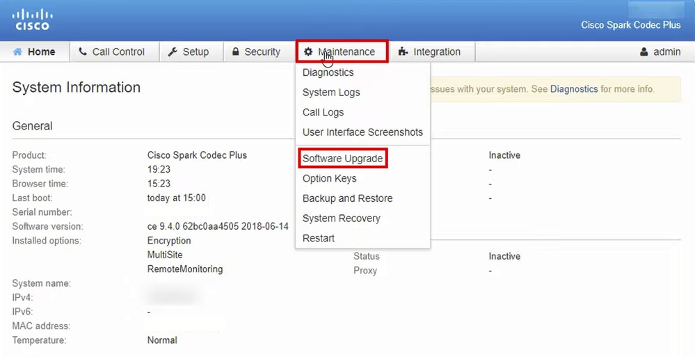 Home section of the GUI of an endpoint on CE 9.4 OS version