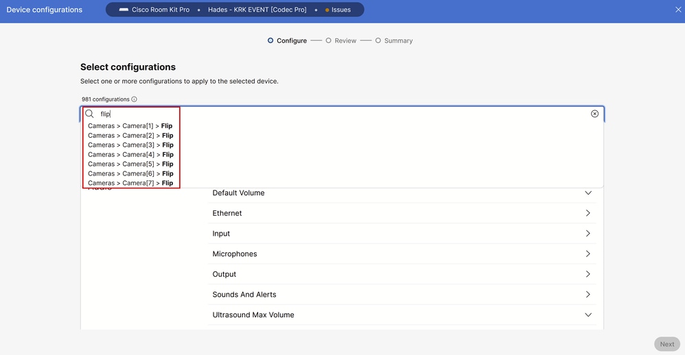 Het menu Individuele apparaatconfiguraties in Control Hub