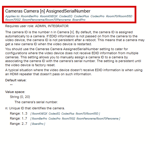 『Administration Guide』の「Cameras Camera [n] AssignedSerialNumber」