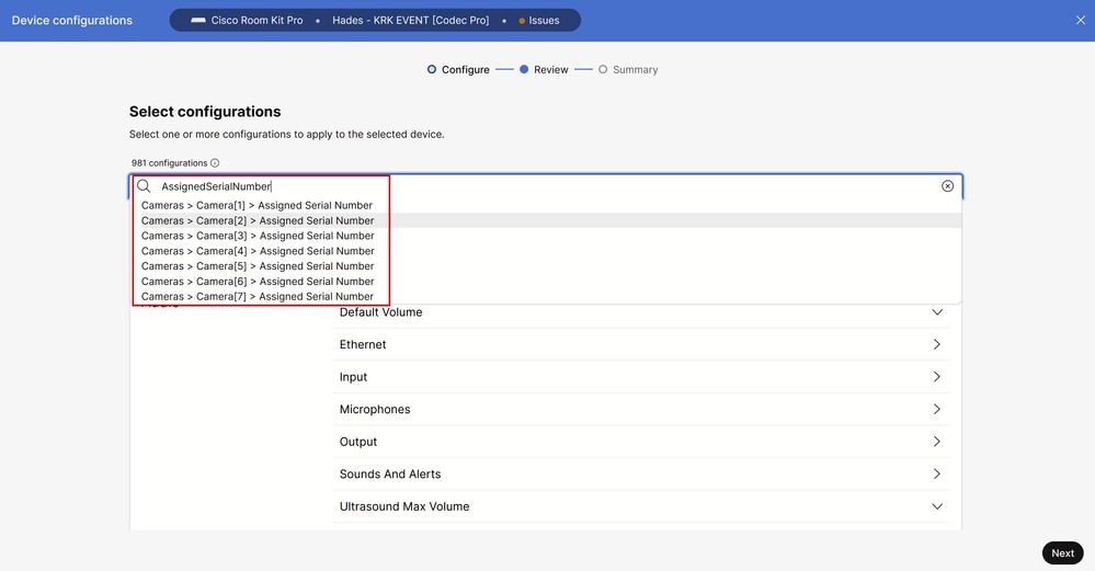 Camera Camera [n] AssignedSerialNumber Configuration nell'hub di controllo