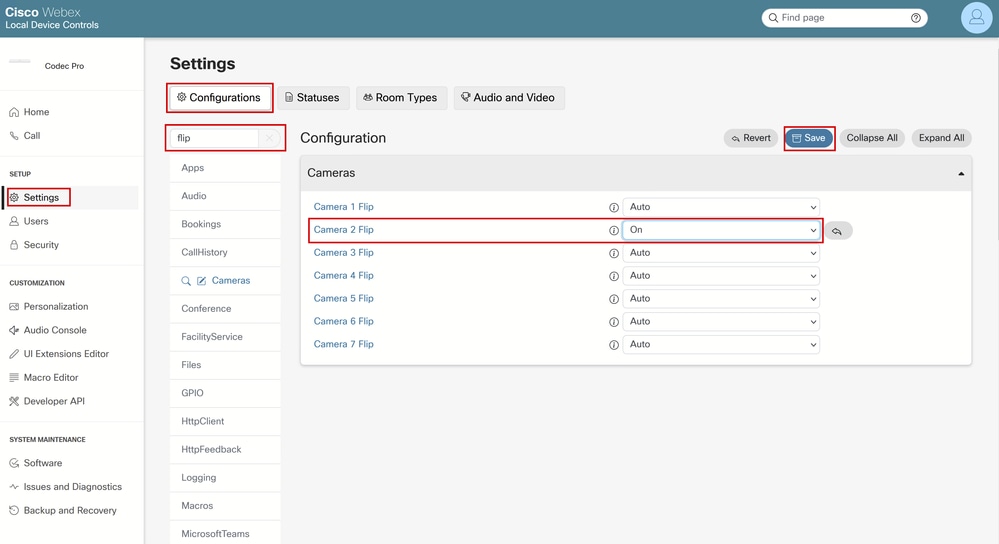 Telecamere [n] Inverti la configurazione nella GUI dell'endpoint