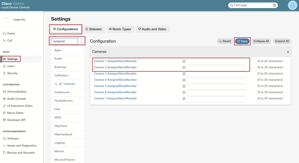 Camera’s [n] Toegewezen serienummer configuratie in endpoint GUI