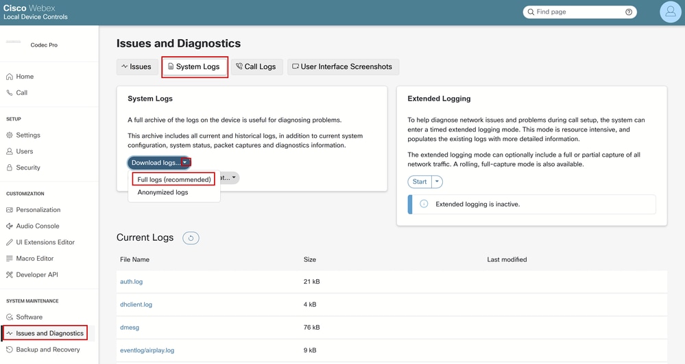 Raccolta log dalla GUI dell'endpoint