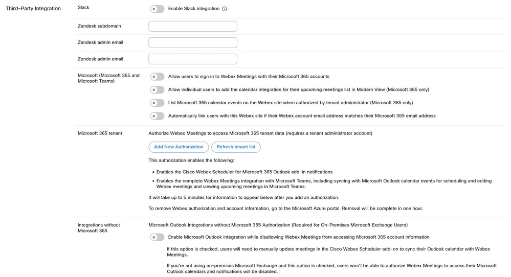 M365 Settings for Webex Meeting Sites