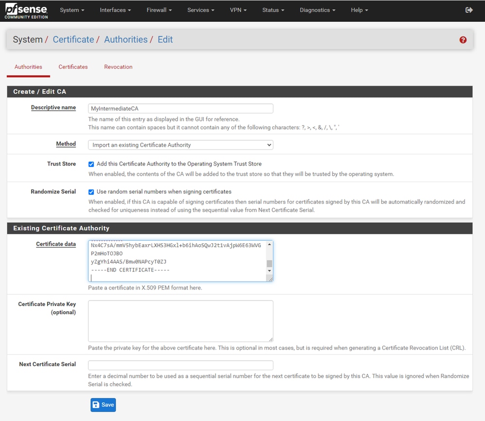 pfSense GUI - CA Intermediate Import