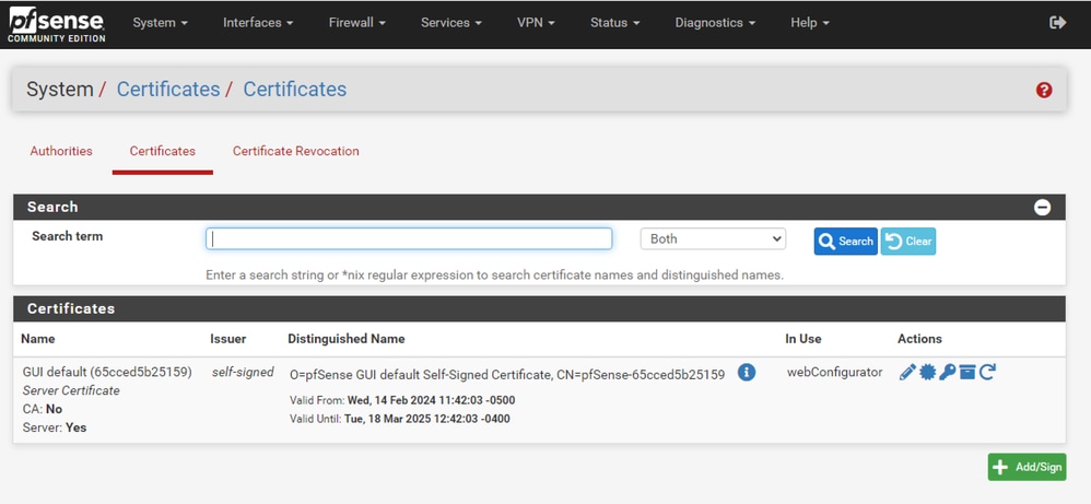 pfSense GUI - Certificates List