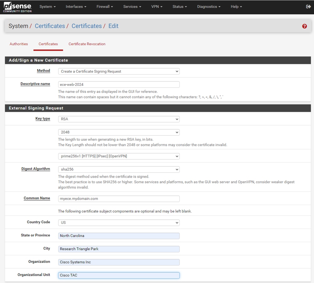 pfSense GUI - CSR Creation