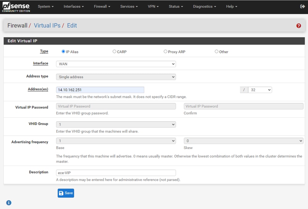 pfSense GUI - VIP Configuration