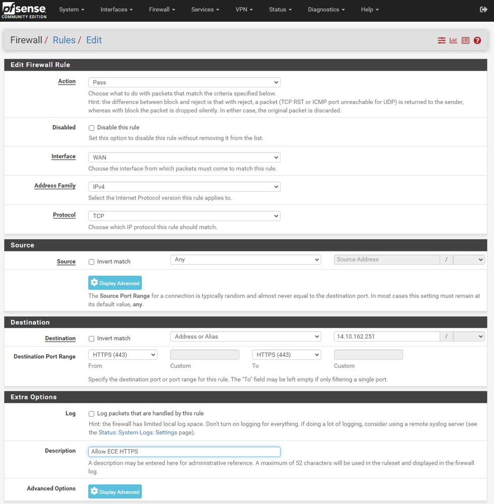 pfSense GUI - Firewall Pass Rule Configuration