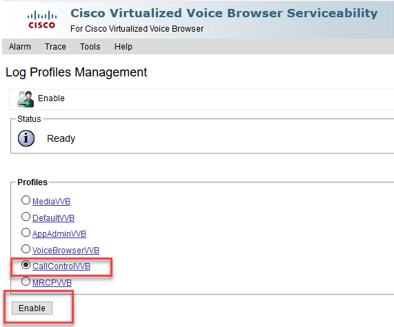 In Logs Profile Management, Select CallControlVVB and Enable