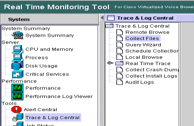 思科即時監控工具(RTMT) -點選Trace & Log Central，然後點選Collect Files