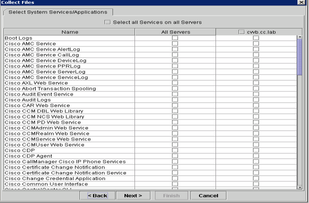 Cuadro de diálogo Recopilar archivos: seleccione Servicios del sistema/Aplicaciones