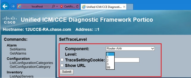 Diagnostic Framework Portico - Vista Establecer niveles de seguimiento