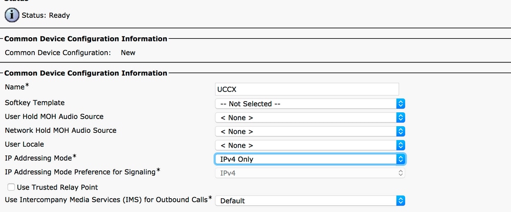 Créer une configuration de périphérique commun (CDC) pour les agents UCCX avec le mode d'adressage IP défini sur IPv4 uniquement