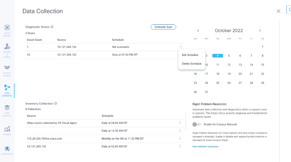 Recopilación de datos con las opciones Editar y Eliminar programación