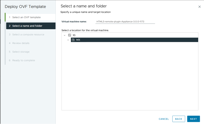 Sélectionner le nom et le dossier de la VM