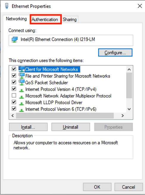 Propriedades Ethernet da interface