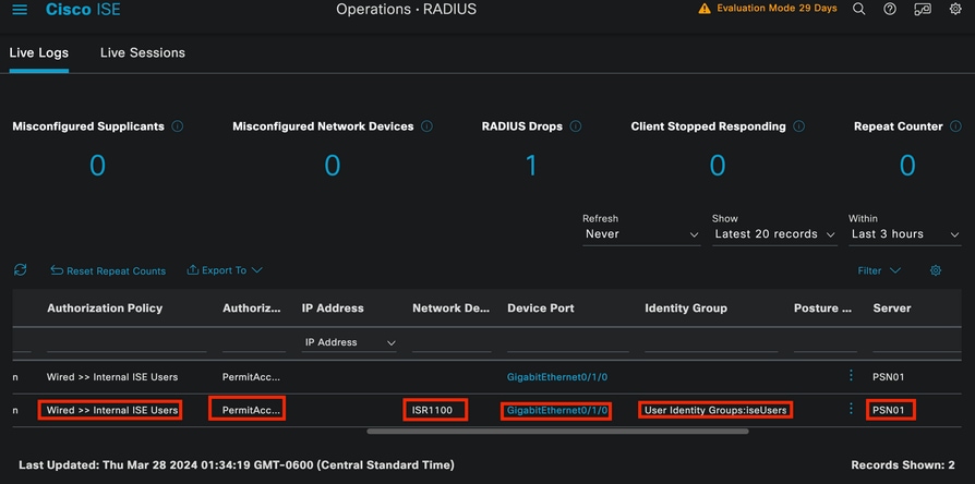 registros en vivo de ISE