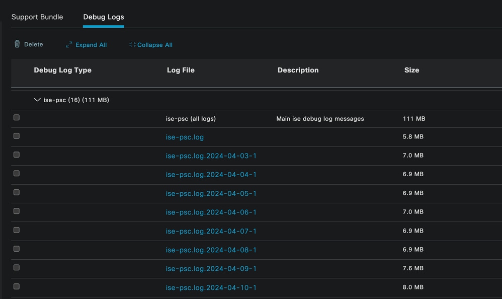 Logs de depuração do nó PSN