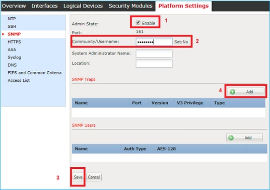 SNMP do FTD – Configurar o SNMPv1 ou v2c do FXOS – guia Configurações da plataforma