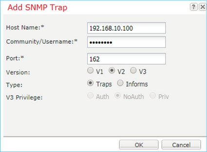 FTD SNMP - 配置 FXOS SNMP v1 或 v2c -“添加 SNMP 陷阱”对话框