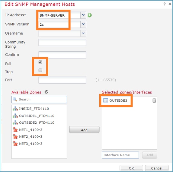 SNMP do FTD – Configurar o SNMPv2c do LINA – caixa de diálogo Editar hosts de gerenciamento do SNMP