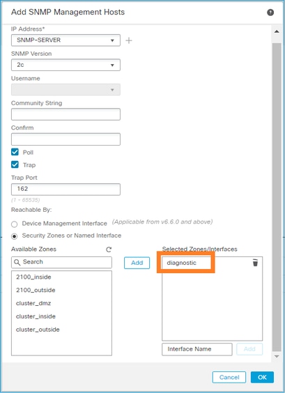 SNMP do FTD – Configurar SNMPv2c do LINA – Especificar a interface de diagnóstico como fonte para as mensagens do SNMP