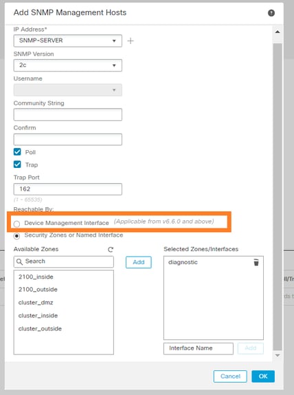 FTD SNMP - Configure LINA SNMPv2c - Kies de beheerinterface in FTD-releases later dan 6.6