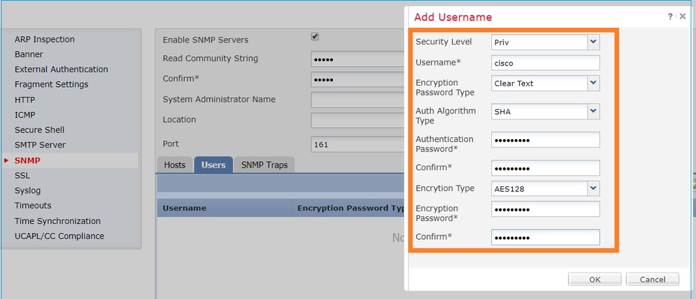 FTD SNMP - LINA SNMPv3 configureren - Dialoogvenster Gebruikersnaam toevoegen