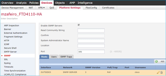 FTD SNMP - 設定 LINA SNMPv3 -「裝置」標籤