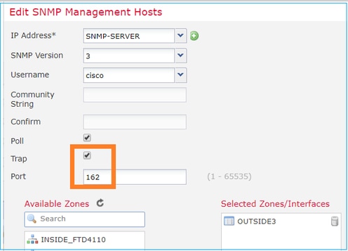 FTD SNMP - 配置 LINA SNMPv3 -“编辑 SNMP 管理主机”对话框