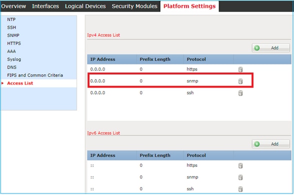 FTD SNMP - 通过 GUI 配置全局访问列表 - 平台设置