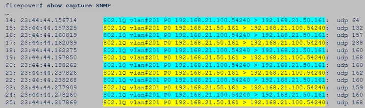 SNMP do FTD – A captura (snmpwalk) mostra uma resposta para cada pacote