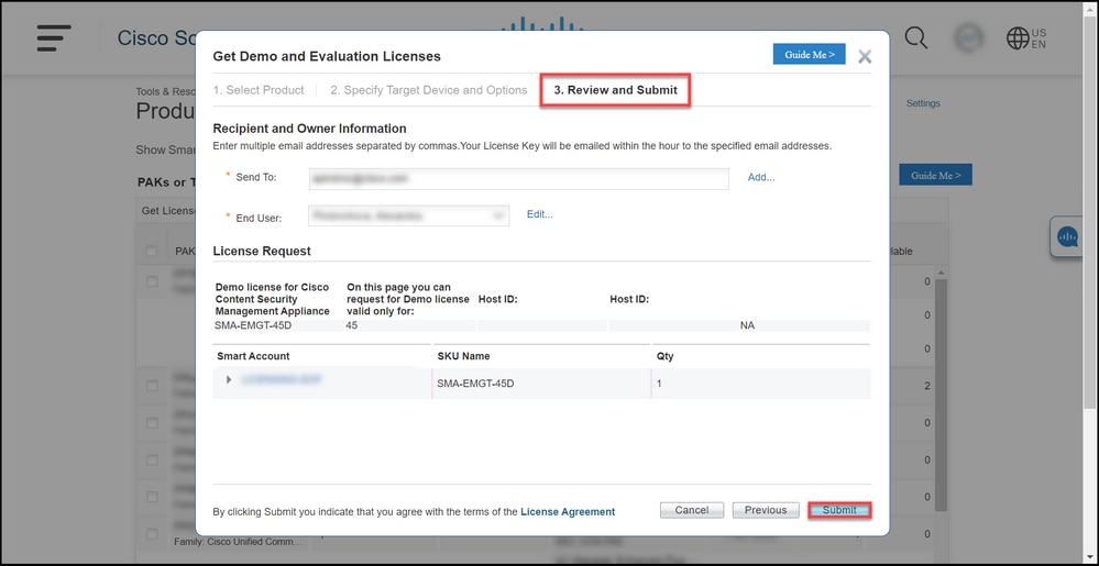 Generating a Demo or Evaluation License for SEG (IronPort) - Review and submit