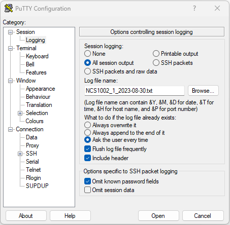 PuTTY command logging